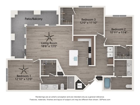 Floor plan for 3 beds, 2 baths, 1422 sqft